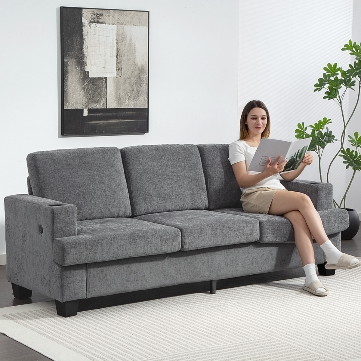 HOMCOM Grey Sofa cup holder detail