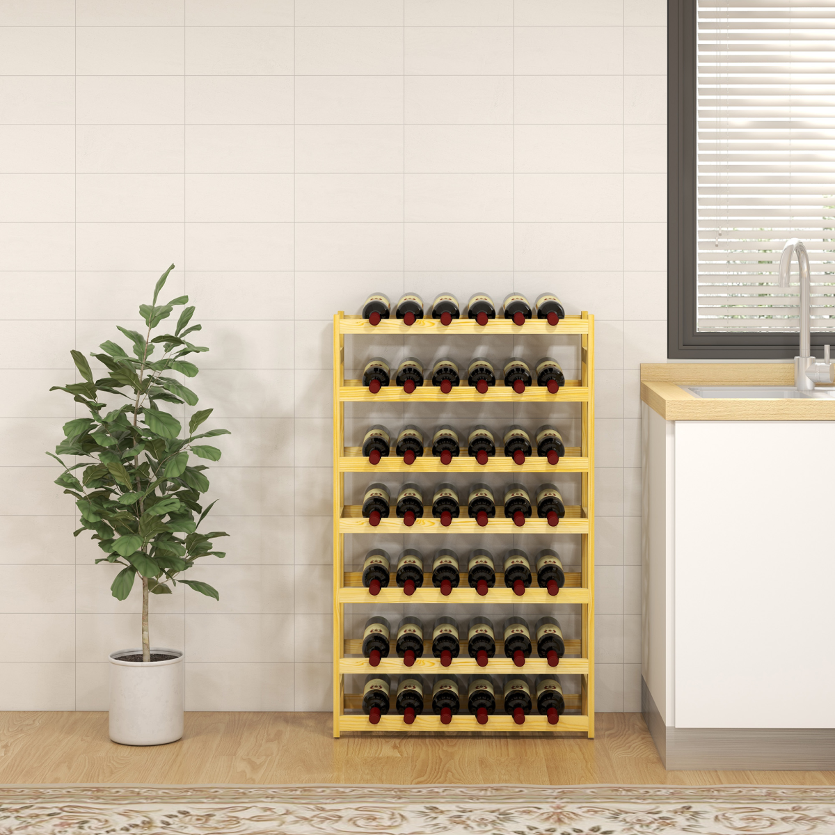 HOMCOM Freestanding Wooden Wine Rack for 42 Bottles – Pine Kitchen & Dining Storage, Natural