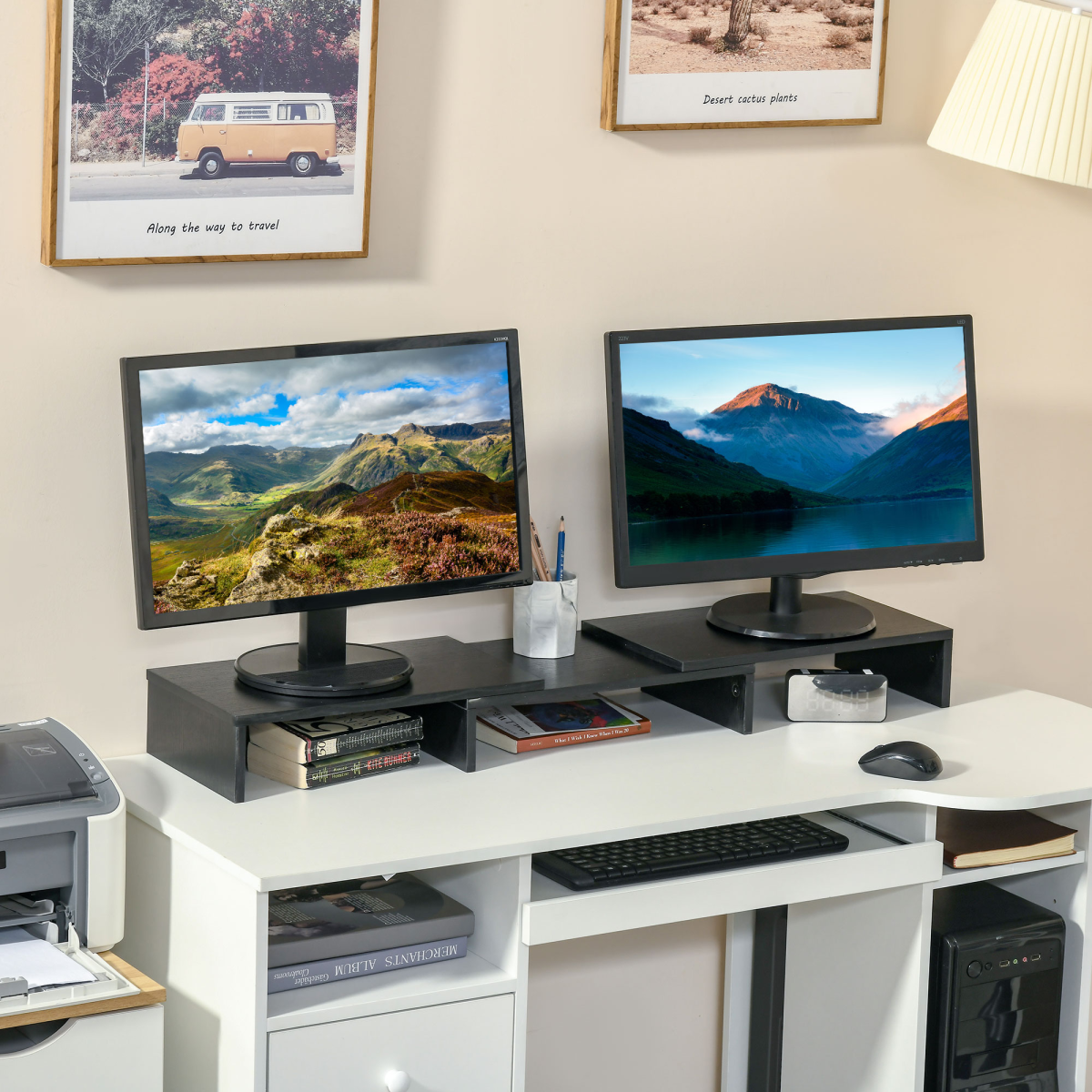 Vinsetto Monitor Stand Riser with Extendable Length 80-117cm and Three-Part Storage – Desk Shelf for Two Laptops