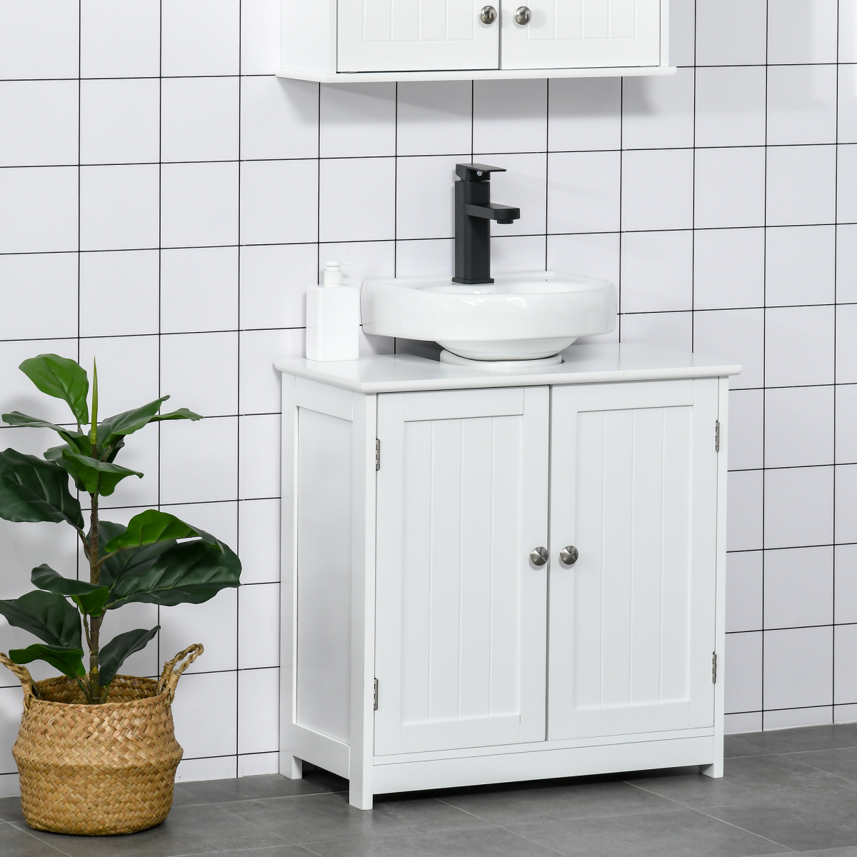 kleankin Under-Sink Storage Cabinet with Adjustable Shelf and Pipe Cut-Out – Bathroom Organiser, White