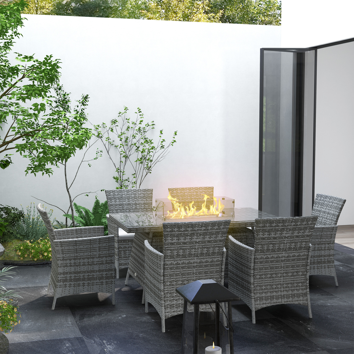Outsunny 7-Piece Rattan Dining Set with Fire Pit Table & 6 Cushioned Armchairs – Garden Patio Furniture, Grey
