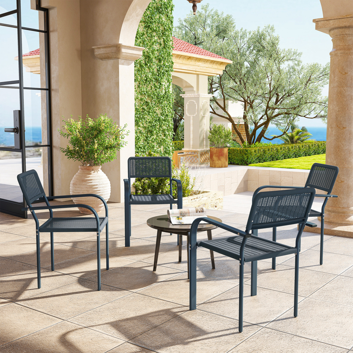 Outsunny Set of 4 Stackable Garden Chairs with Rattan Effect & Steel Frame – Space-Saving Patio Seating, Dark Grey