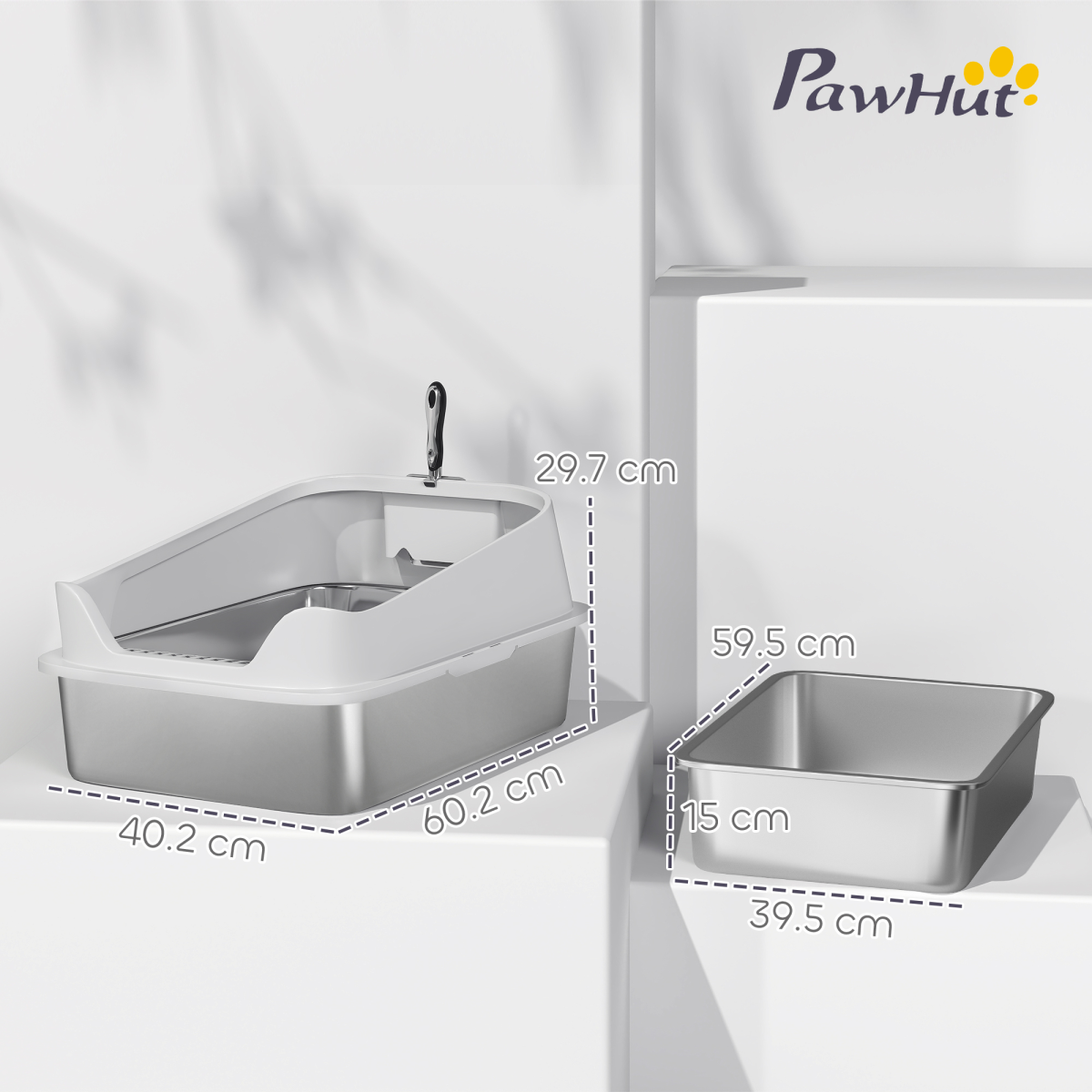 XL Stainless Steel Cat Litter Box with High Sides, Scoop & Entryway Litter Catcher – Large Pet Toilet, Grey