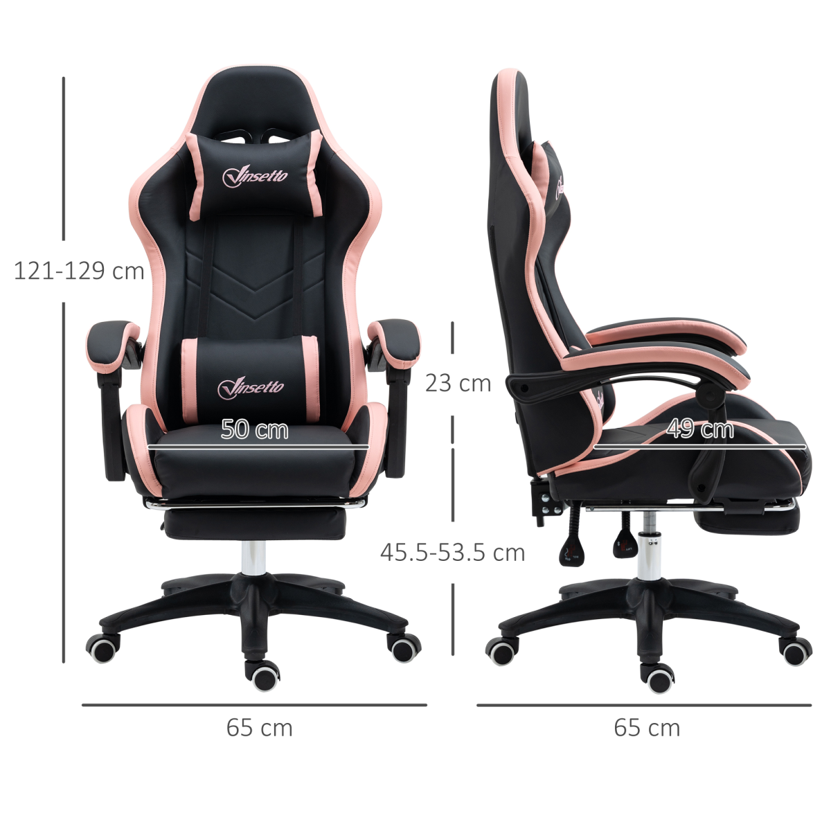 Reclining Gaming Chair with Footrest, Head & Lumbar Pillows – Swivel Computer Desk Chair, Black & Pink