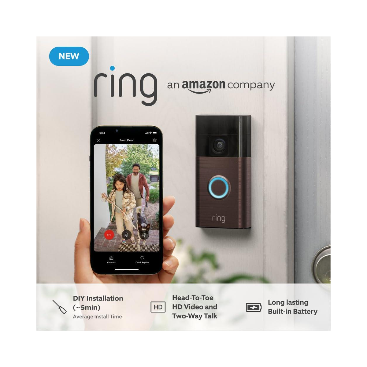 Ring Battery Video Doorbell (2024) with HD Video and Two-Way Talk – Wire-Free Smart Home Security, Bronze