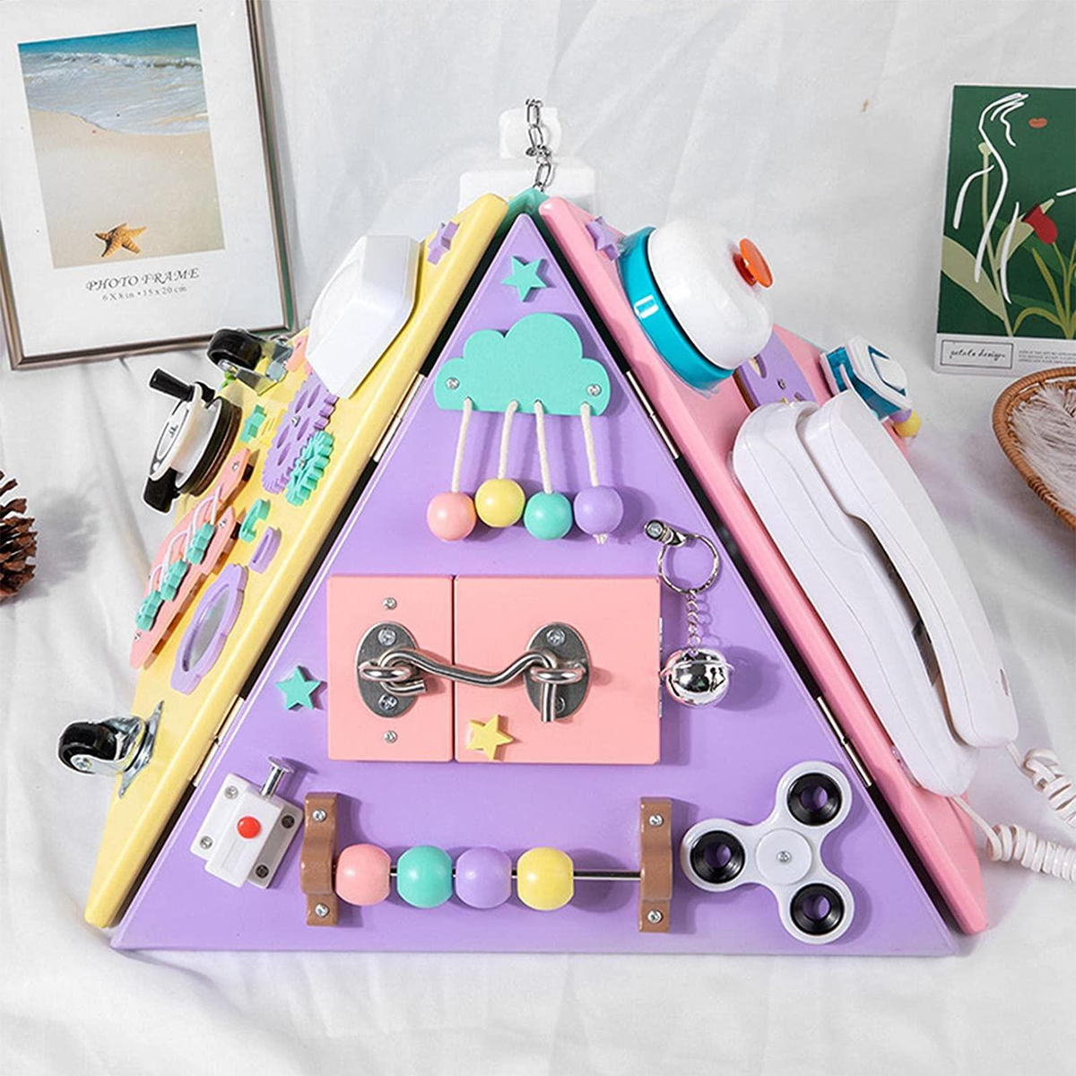 Montessori Busy Board Pyramid for Toddlers – Wooden Sensory Activity Cube for Motor Skills