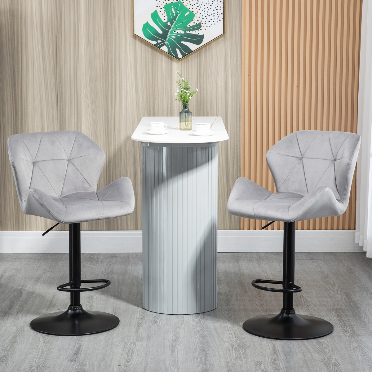 HOMCOM Set of 2 Velvet-Touch Bar Stools with Wing-Shape Seats & Metal Footrest – Kitchen Counter Seating, Grey