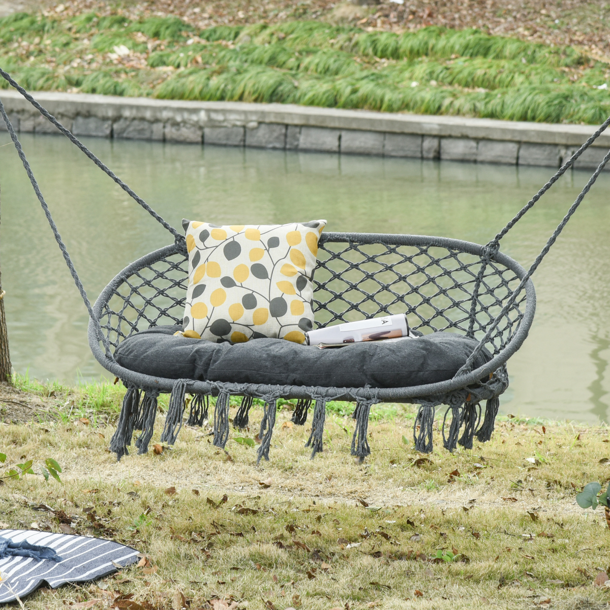 Outsunny Large Macramé Hanging Hammock Chair with Metal Frame – Two-Seater Boho Swing, Dark Grey