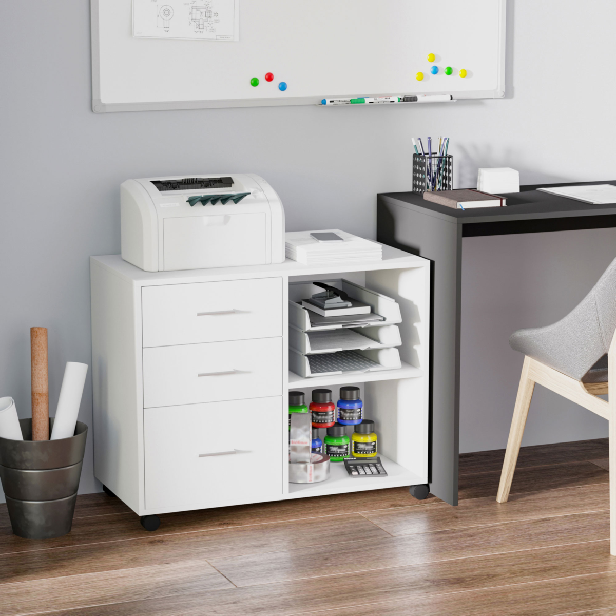 Freestanding Mobile Storage Cabinet with 3 Drawers, 2 Open Shelves & Wheels – Home Office Organiser, White