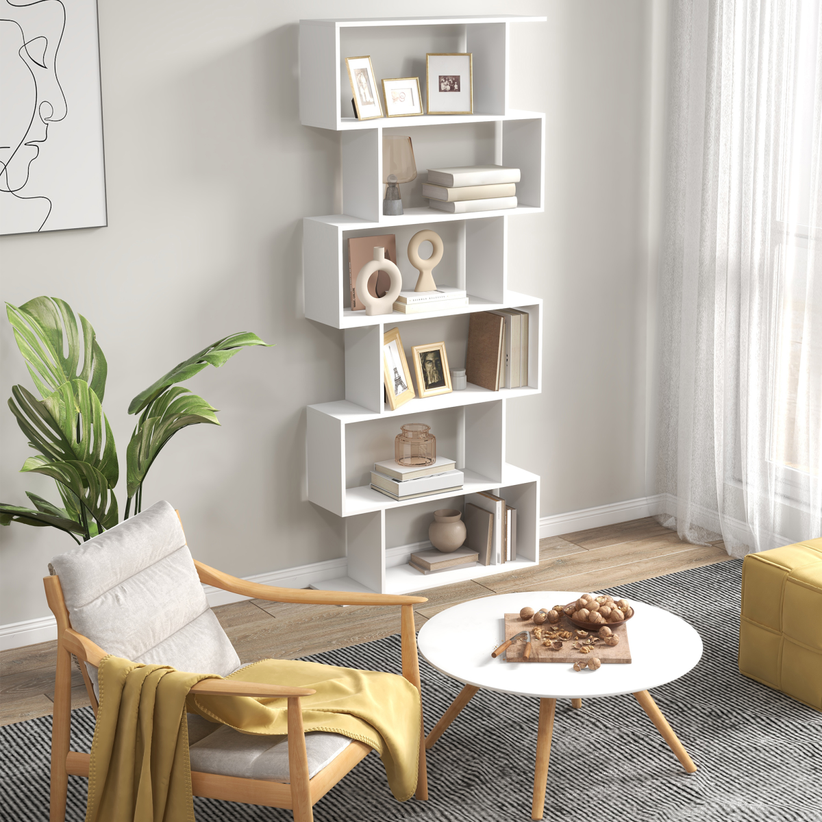 HOMCOM 6-Tier Asymmetrical Shelving Unit with Anti-Toppling Design – Display and Storage, White