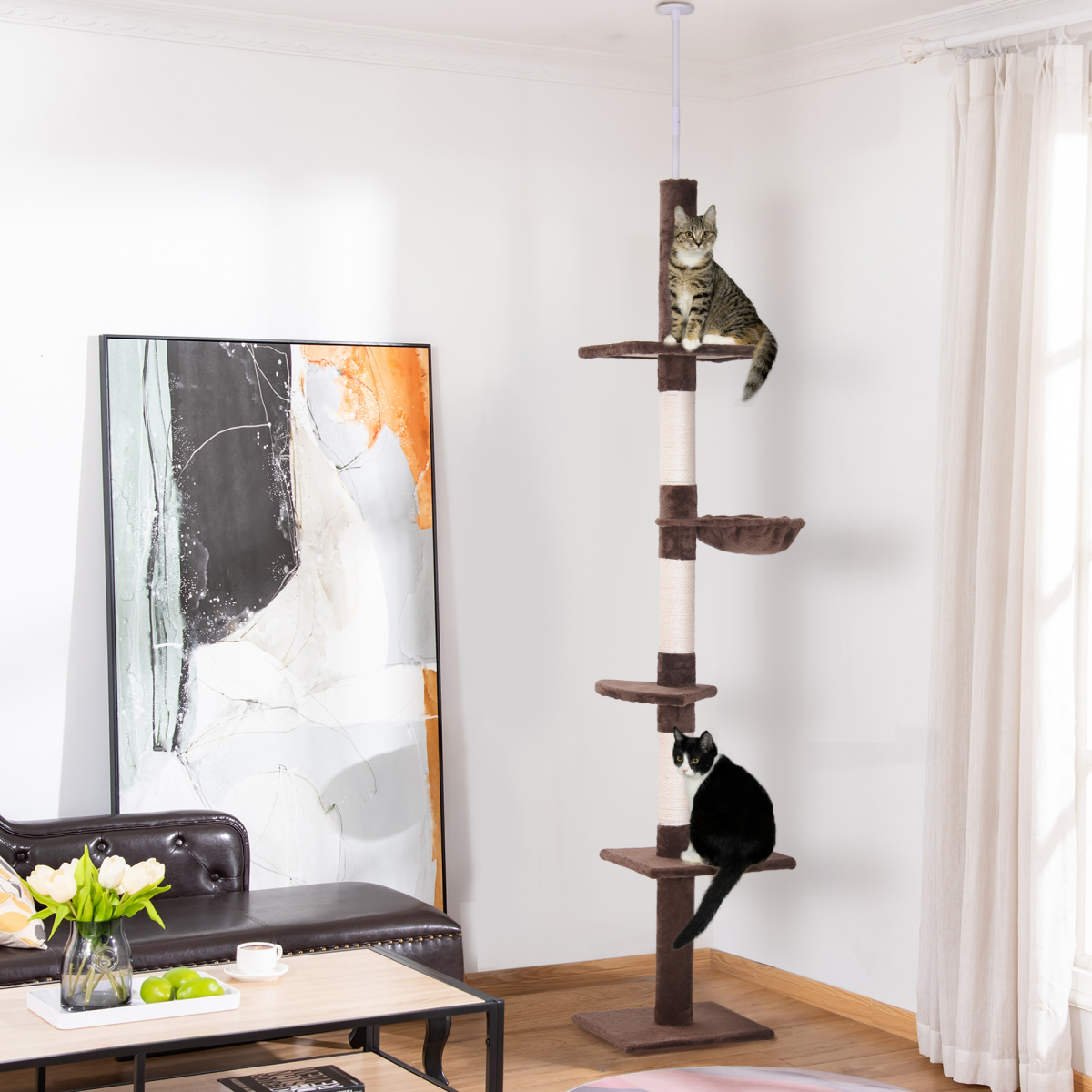 PawHut Floor to Ceiling Cat Tree with 5 Tiers & Scratching Post – Adjustable 230-260cm Kitty Tower, Brown