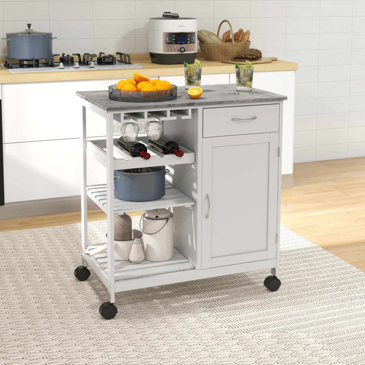 HOMCOM Kitchen Trolley Utility Cart with Wine Rack, Drawer & Shelves – Marble-Effect Top, White