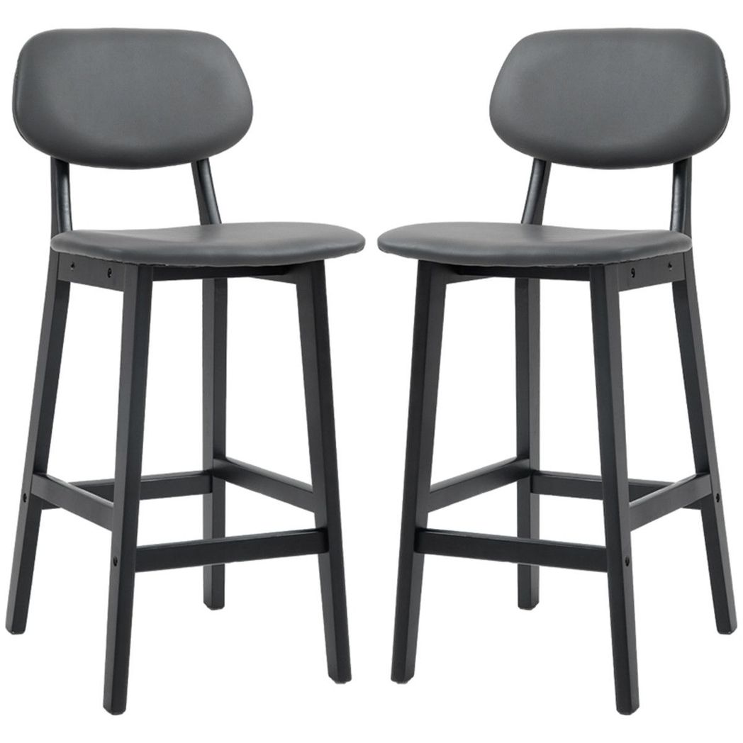 Bar Stools Set of 2 with Backs, Footrests & Padded Faux Leather Seats – Beech Wood Counter Chairs, Dark Grey