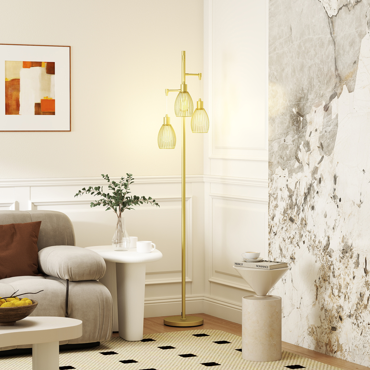HOMCOM Industrial 3-Light Floor Lamp Dimmable Standing Lamp, Gold