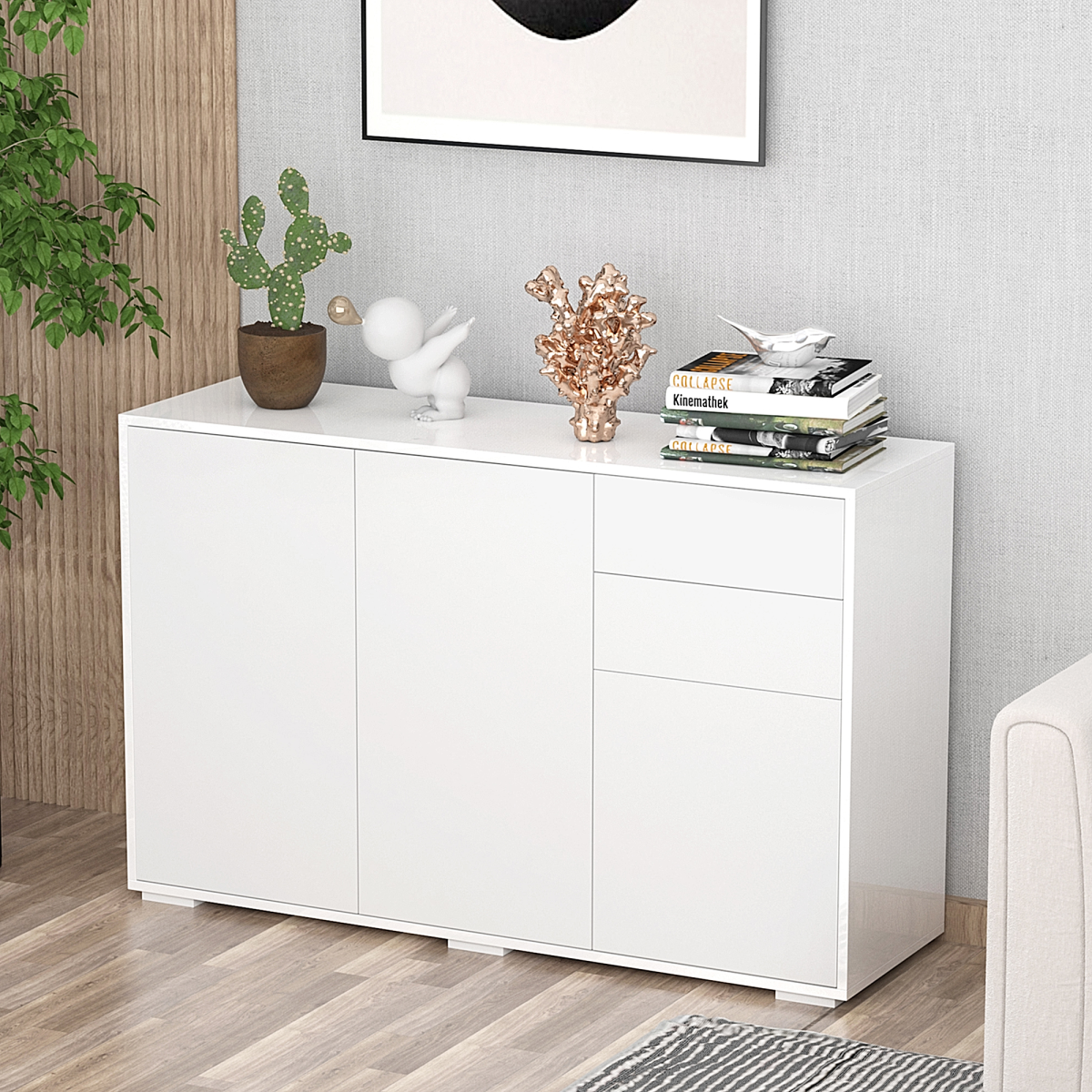 HOMCOM Gloss & Matte Side Cabinet with 2 Doors & 2 Drawers – White Home Office Storage