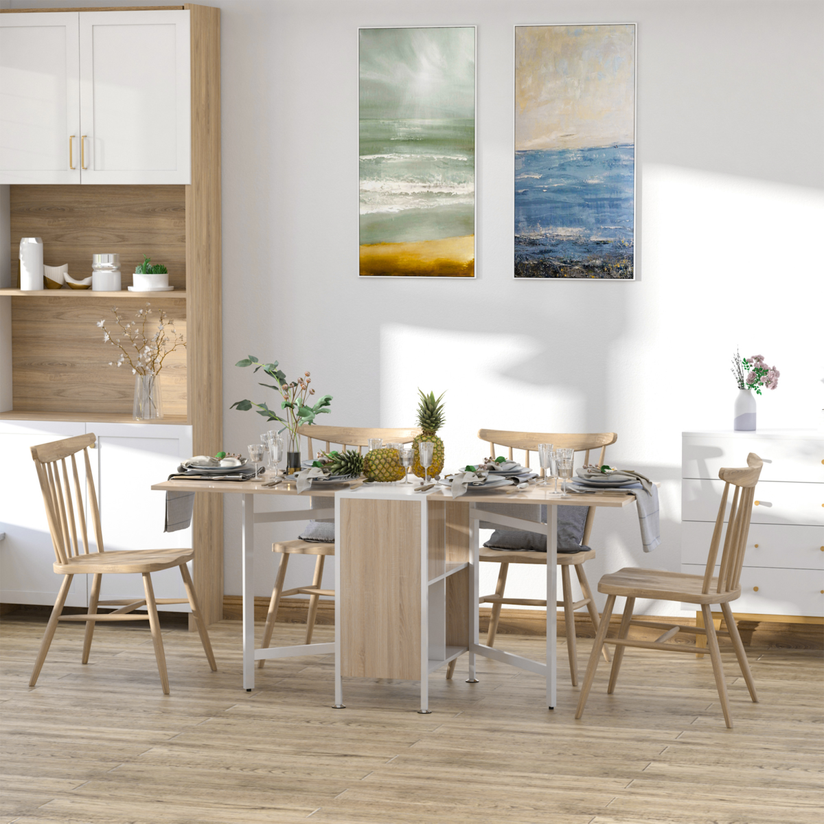 Folding Drop-Leaf Desk with Storage Shelves – Oak & White Space-Saving Desk, Dining or Console Table