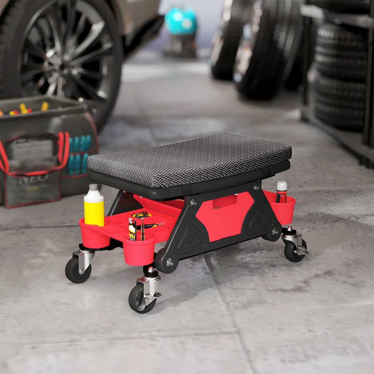 HOMCOM Rolling Mechanic Stool with Tool Trays, Drawer & Padded Seat – 135kg Capacity Workshop Stool, Black