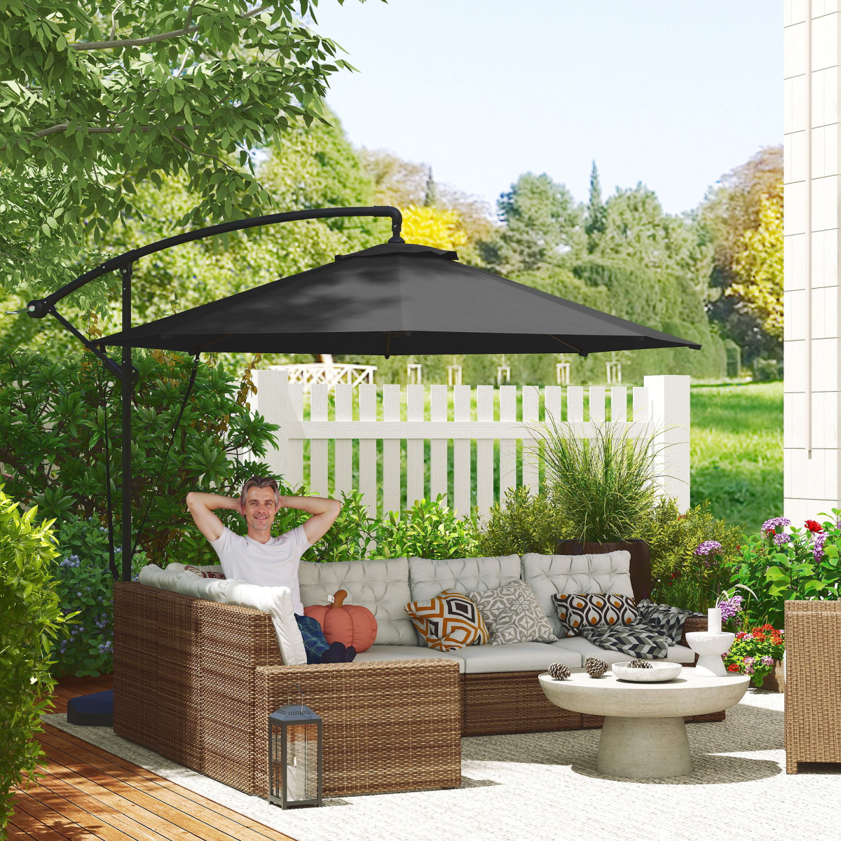 Outsunny 360° Rotating Patio Parasol with UV50+ Canopy, Wind Straps & Wheeled Weighted Base – Dark Grey