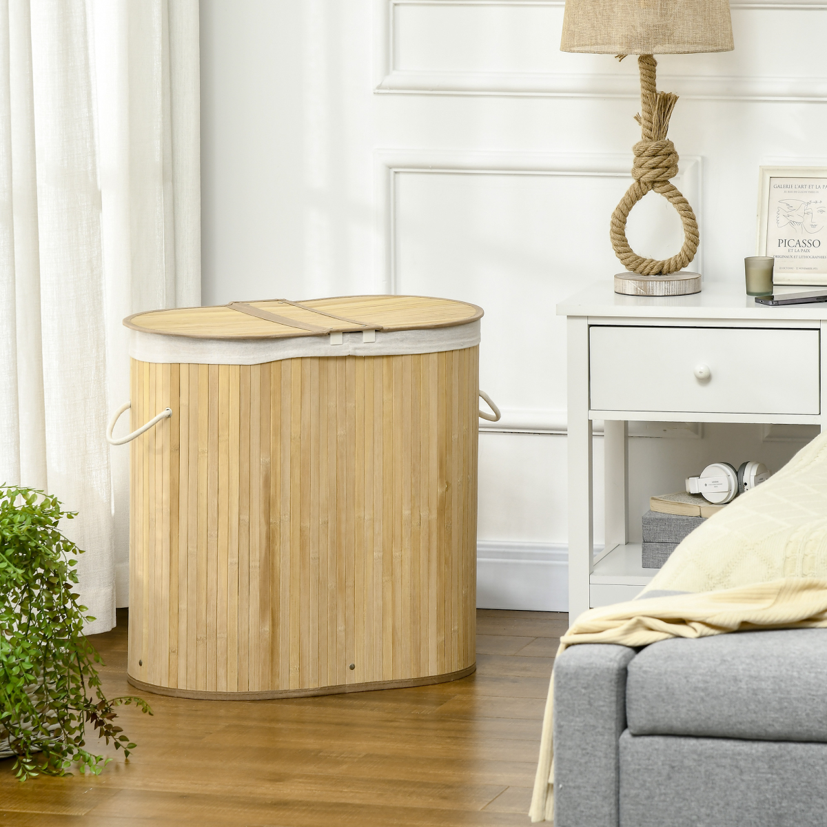 HOMCOM 100L Bamboo Laundry Basket with 2 Compartments, Lid and Removable Lining – Natural Washing Hamper
