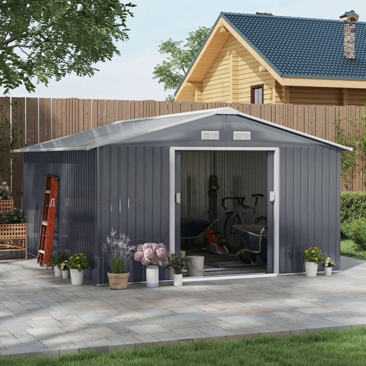 Outsunny 13 x 11FT Galvanised Steel Garden Shed with Sliding Double Door, Ventilation & Floor Foundation, Grey