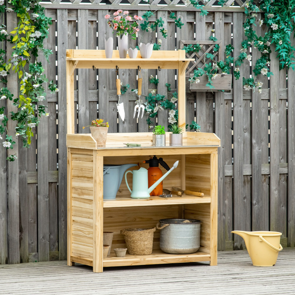 Outsunny Garden Potting Bench Table with Galvanised Metal Top, Storage Shelves & Hooks – Fir Wood Workstation