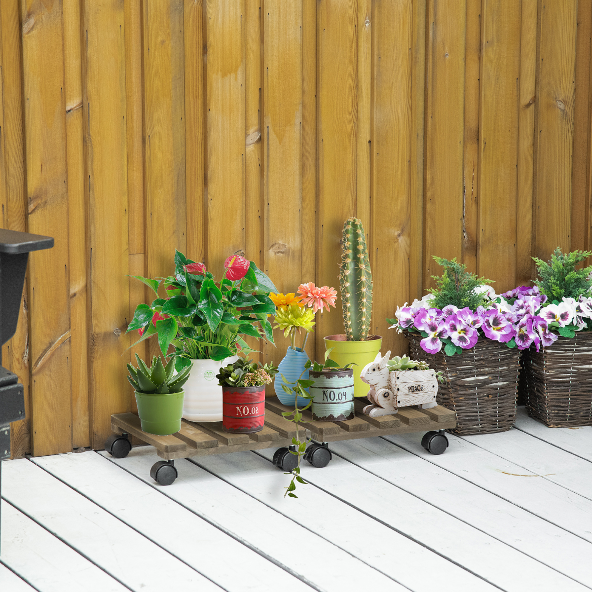 Outsunny 2 Pack Solid Wood Corner Plant Stands with Wheels – Mobile Flowerpot Holders for Garden & Balcony