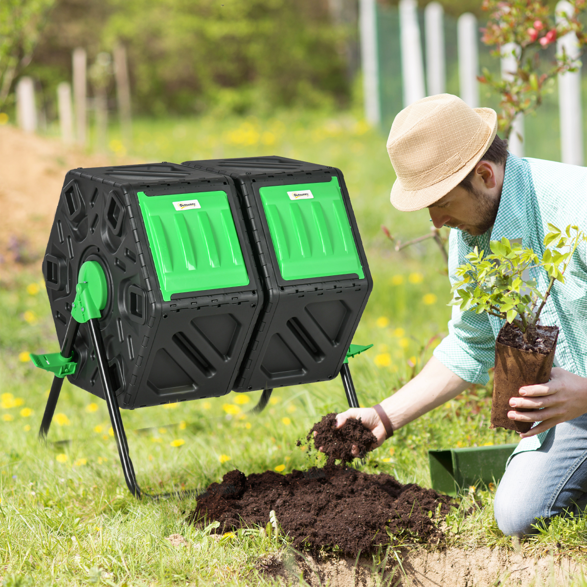 Outsunny 130L Dual Chamber Rotating Compost Bin Tumbler with Ventilation Holes – Garden Composter