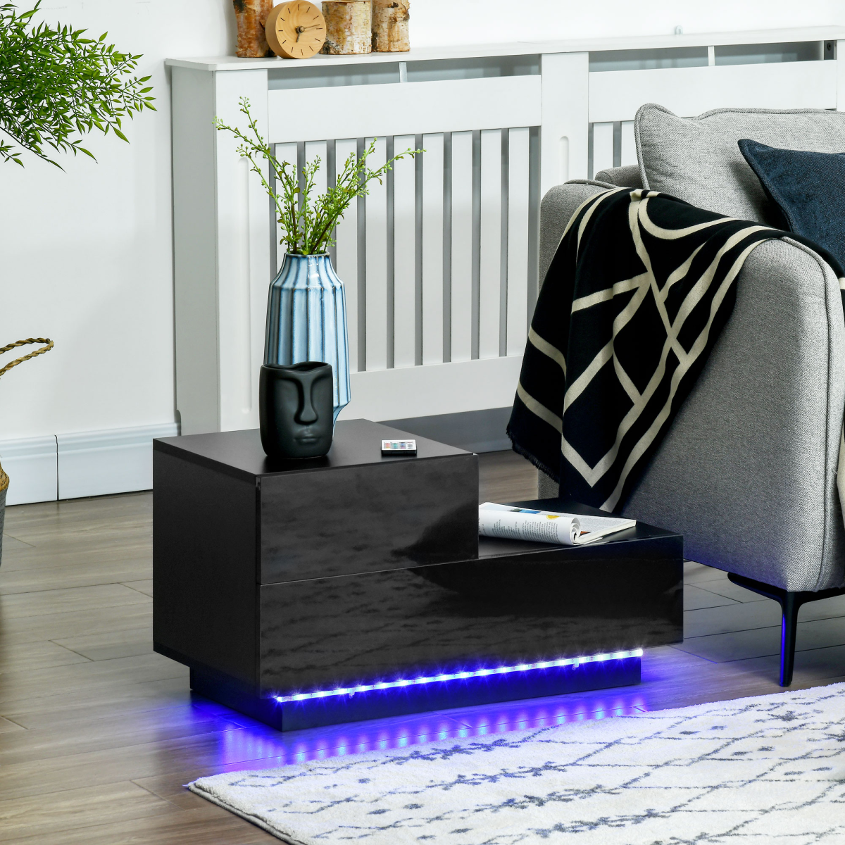 HOMCOM High Gloss Bedside Table with 2 Drawers and LED Light Remote – Modern Nightstand, Black