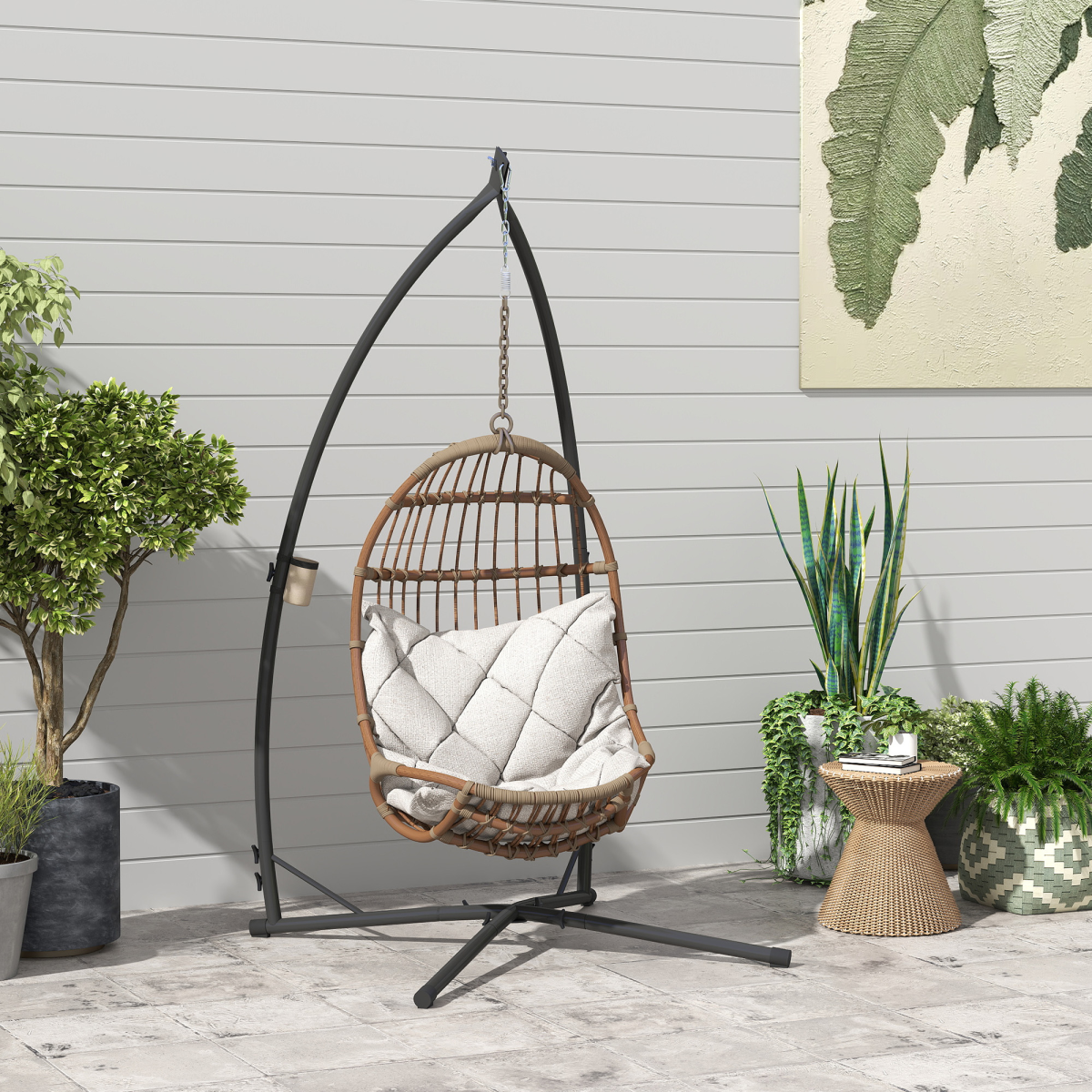 Outsunny Hammock Chair Stand, Steel Frame with Cup Holder – Heavy-Duty Garden Stand Only, Black
