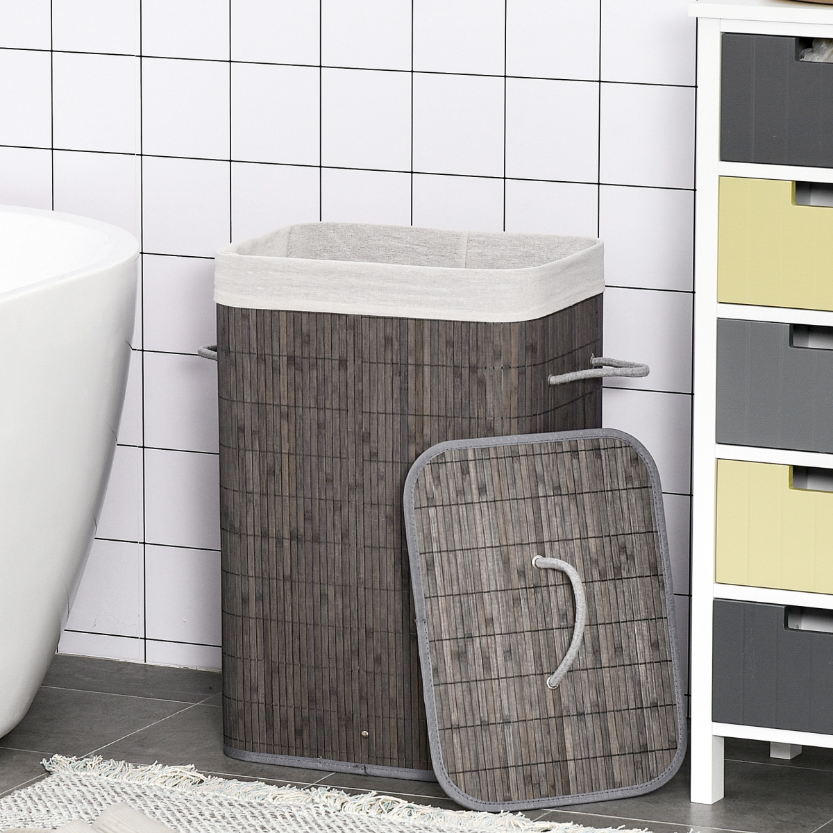 HOMCOM Bamboo Laundry Basket with Flip Lid and Removable Lining – Foldable Hamper, Grey