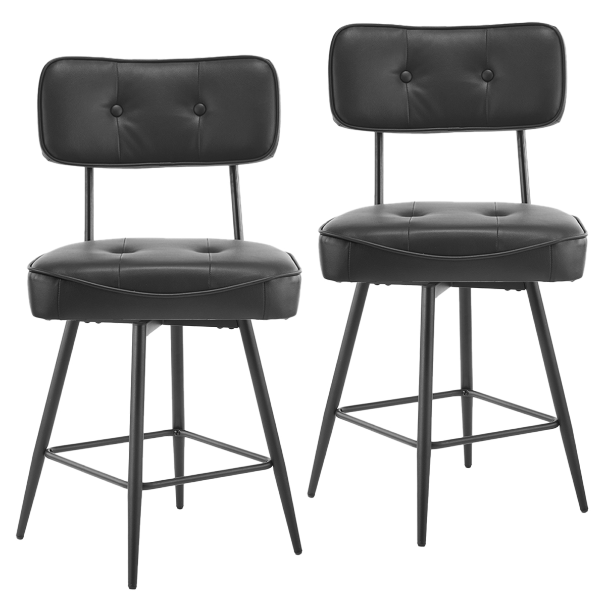 Set of 2 Black PU Leather Swivel Bar Stools with Button-Tufted Backrest & Footrest – Kitchen Island Seating