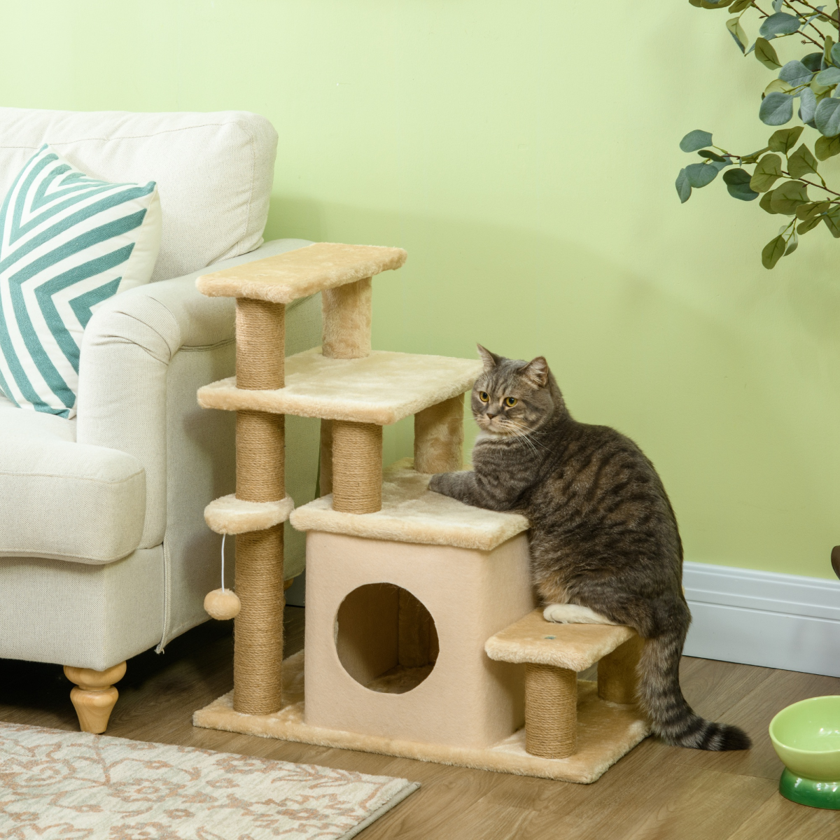 PawHut 4-Step Dog Stairs for Bed with Cat House & Detachable Cover – Pet Steps, Beige