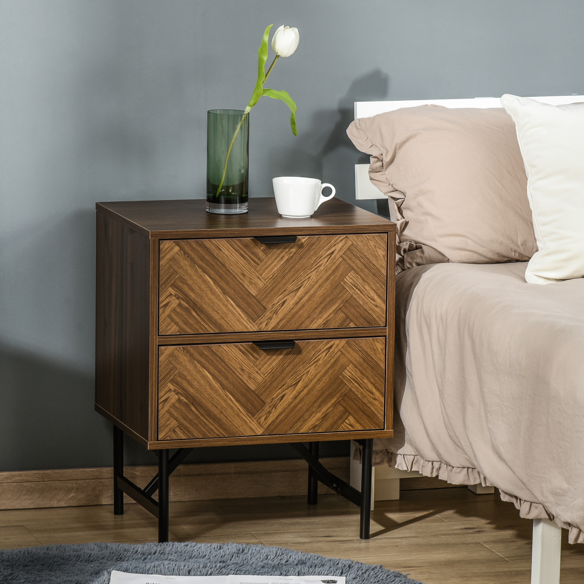 HOMCOM Side Cabinet with 2 Drawers, Herringbone Pattern – Storage Unit with Anti-Tipping Straps, Walnut Brown