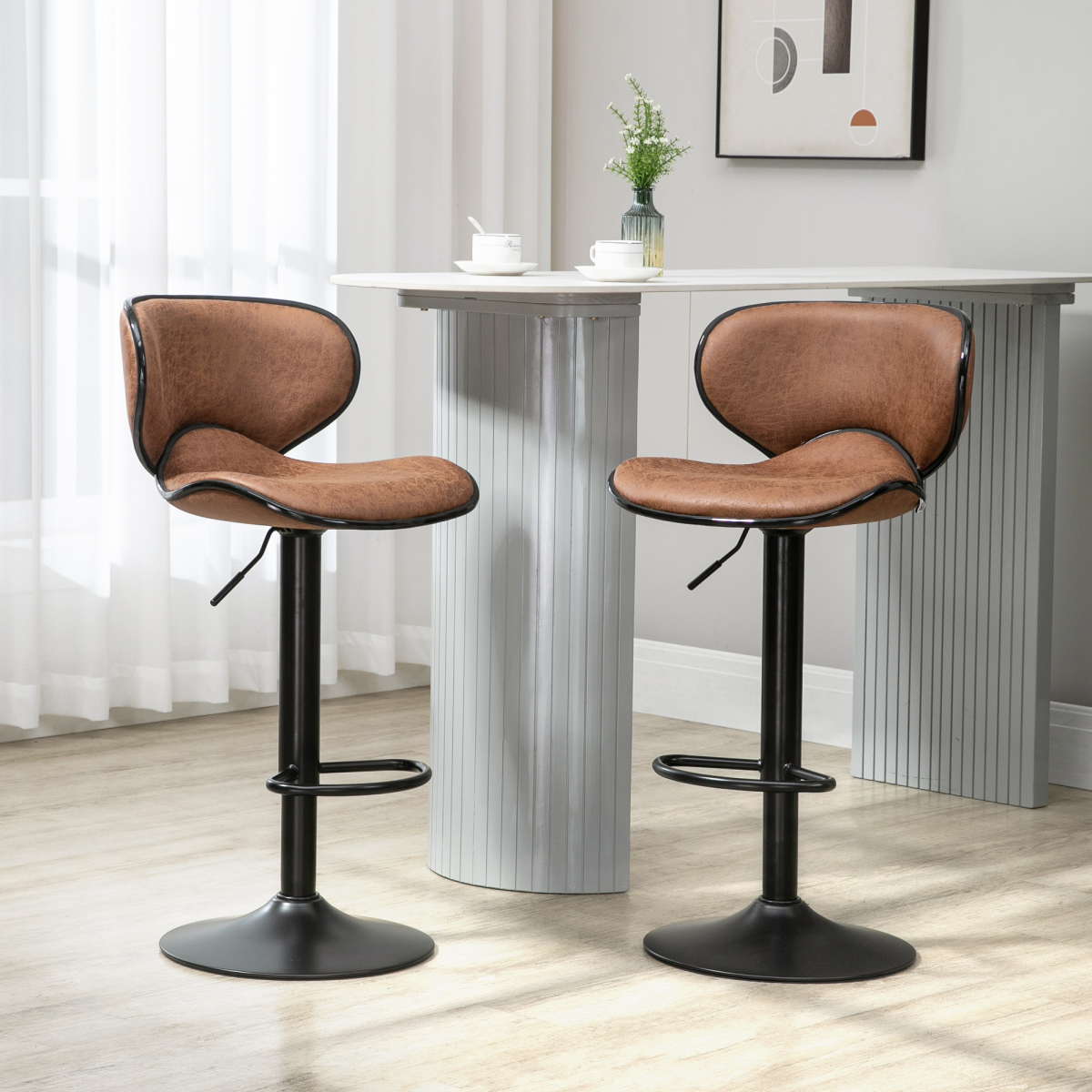 HOMCOM Vintage Microfibre Armless Bar Stools, Set of 2 with Adjustable Height & Curved Moulded Seat