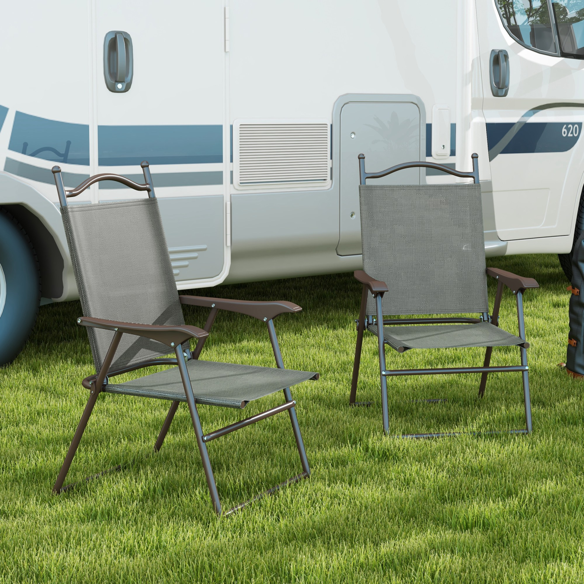 Outsunny Set of 2 Folding Garden Chairs with Armrests and Breathable Mesh Seats – Steel Frame, Dark Grey