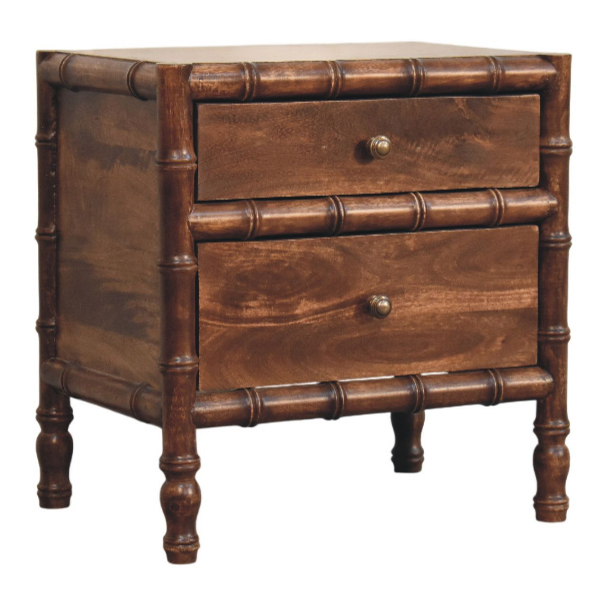 Artisan Furniture Solid Mango Wood Bamboo Frame Nightstand, 2 Drawers & Brass Knobs – Roasted Almond