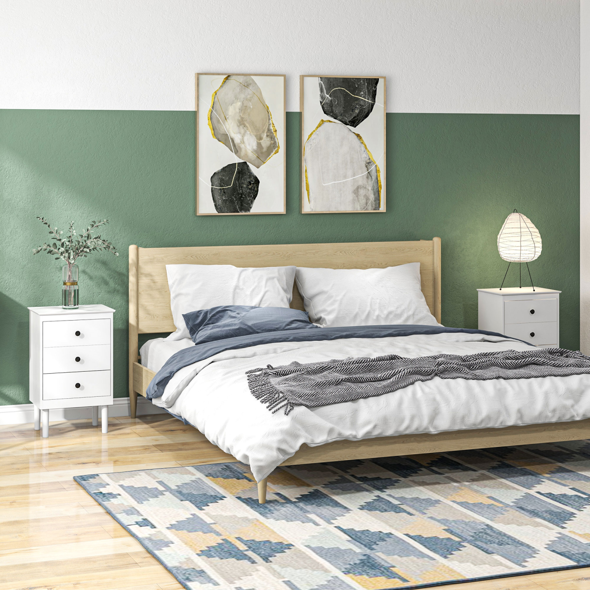 HOMCOM Set of 2 White Bedside Tables with 3 Drawers Each – Bedroom Storage Cabinets with Anti-Tip Straps