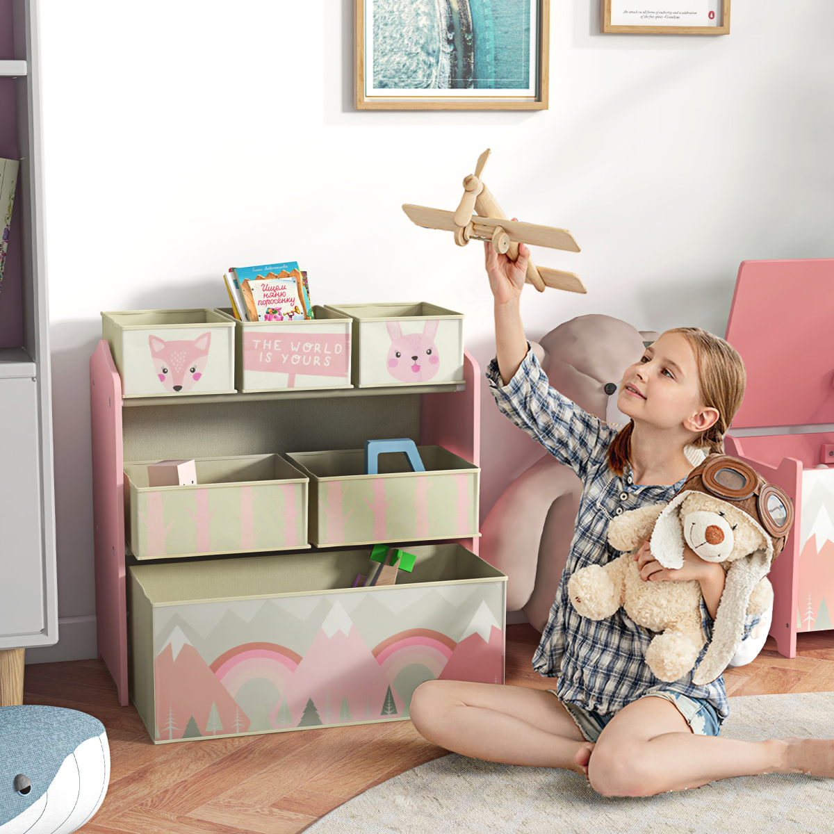 ZONEKIZ Kids Storage Unit with 6 Boxes – Children's Toy Storage Organiser for Ages 3-8, Pink