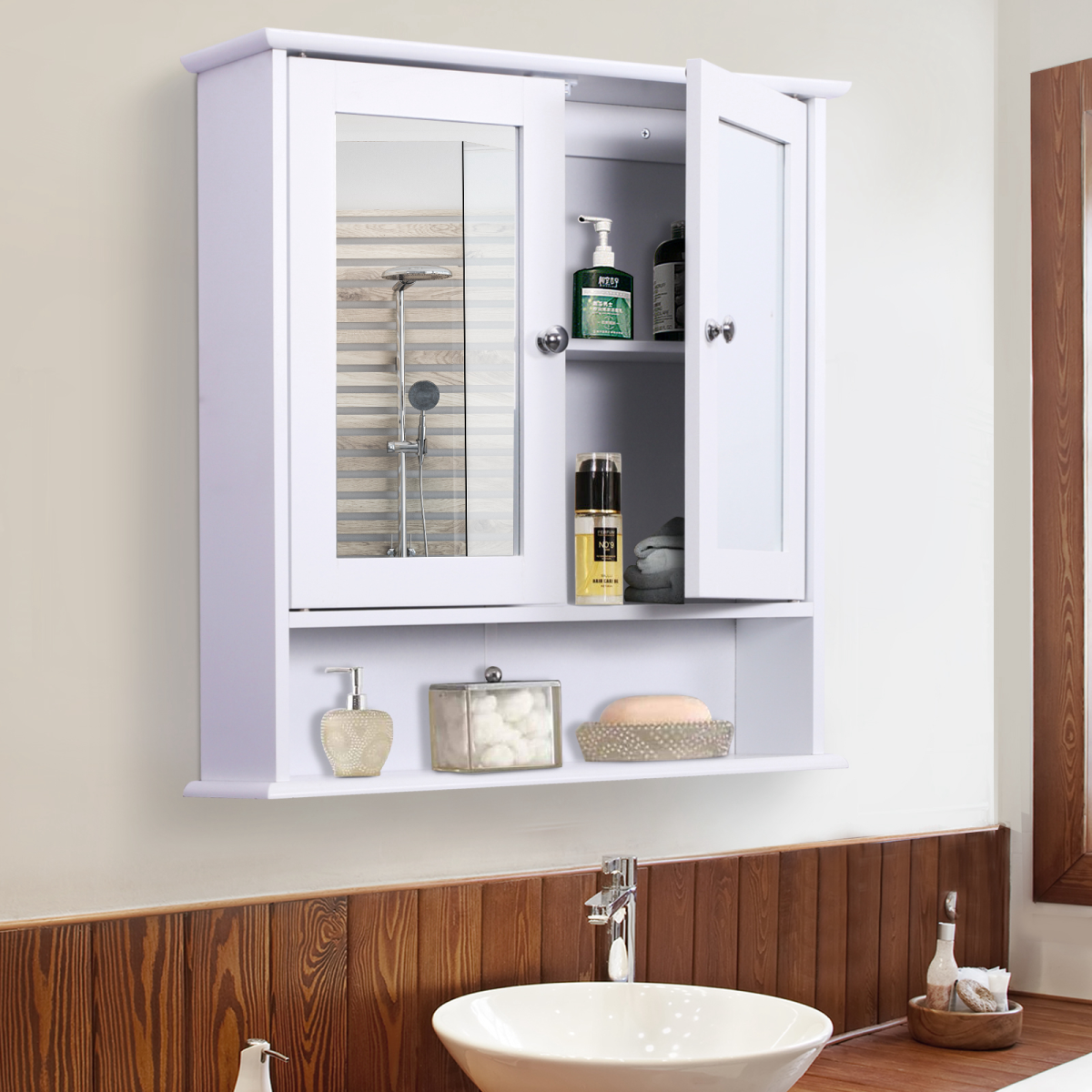 kleankin Wall-Mounted Bathroom Mirror Cabinet with 2 Mirrored Doors and Adjustable Shelf – White MDF