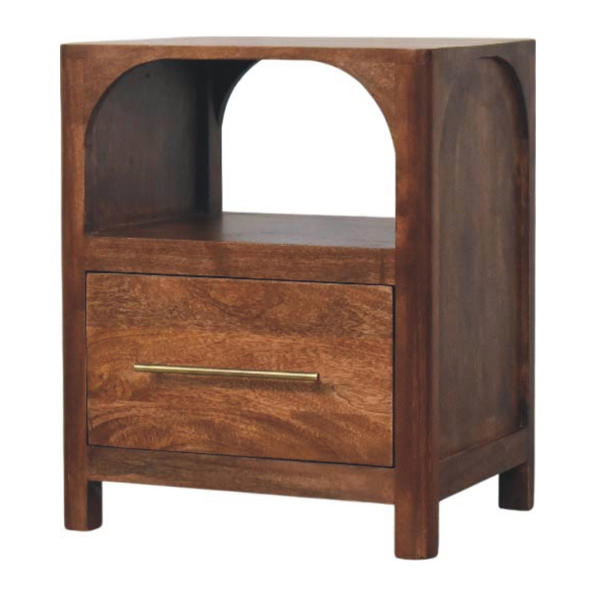 Artisan Furniture Solid Wood Arc-Line Bedside Table with 1 Drawer & 1 Open Slot – Roasted Almond, Brown