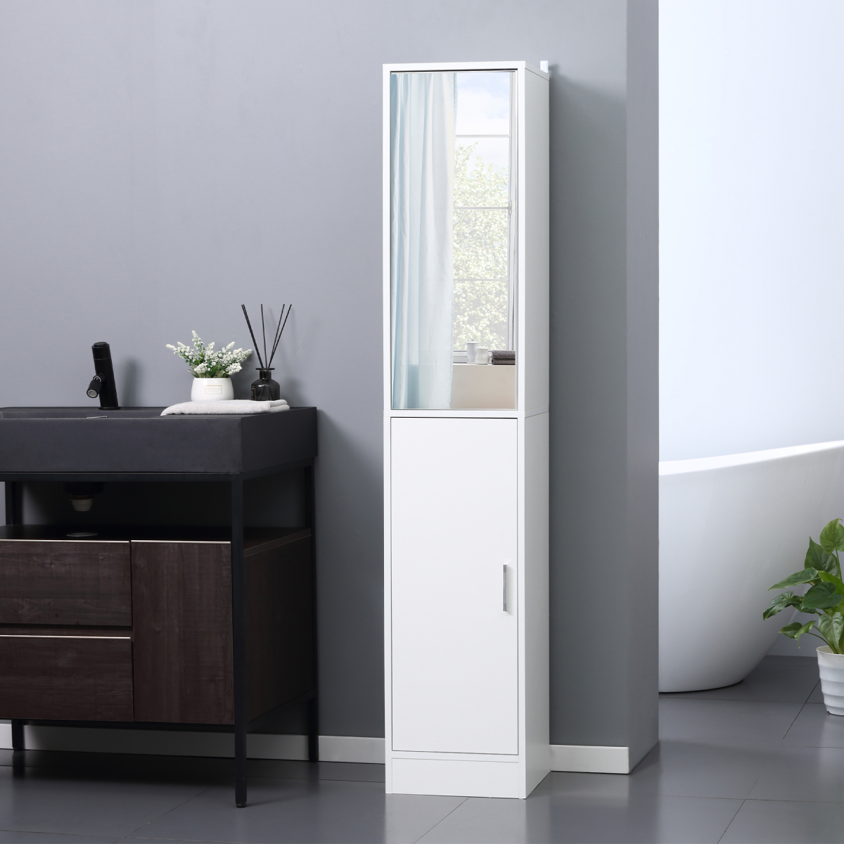 kleankin Slim Mirrored Tallboy Bathroom Cabinet with 5 Shelves – Space-Saving Storage, White