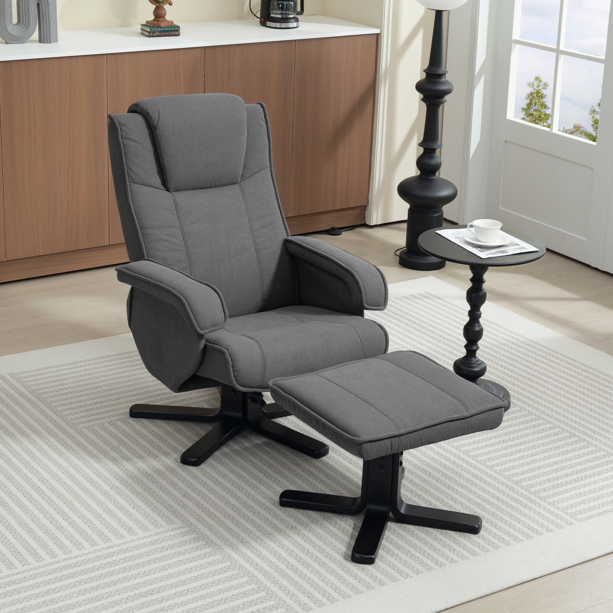 Swivel Recliner Chair with Footstool, 135° Manual Recline & Velvet-Feel Fabric – Armchair, Charcoal Grey