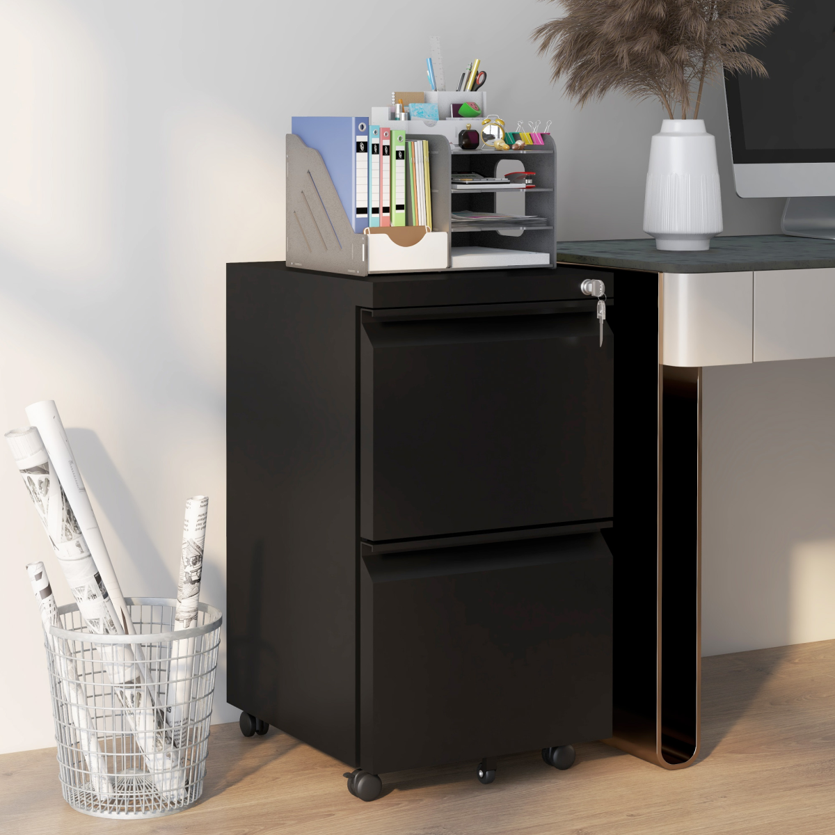 Vinsetto 2 Drawer Lockable Steel File Cabinet with Hanging Bar – Home Office Filing Storage, Black