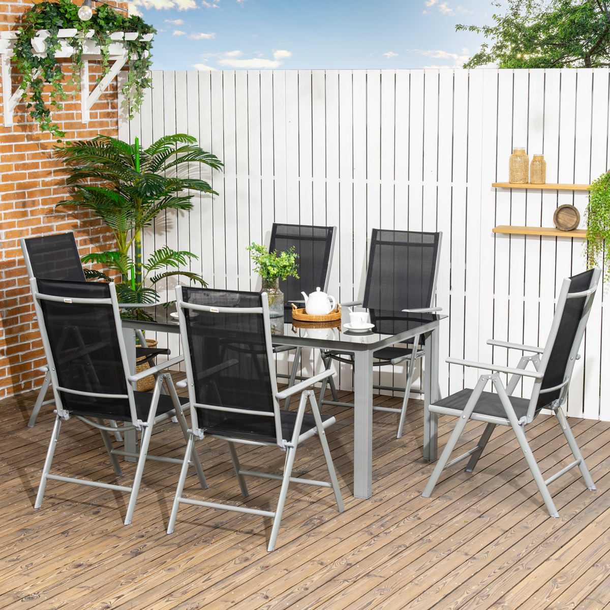 Outsunny 7-Piece Aluminium Garden Dining Set with Glass-Top Table & 6 Folding Chairs – Outdoor Furniture, Black