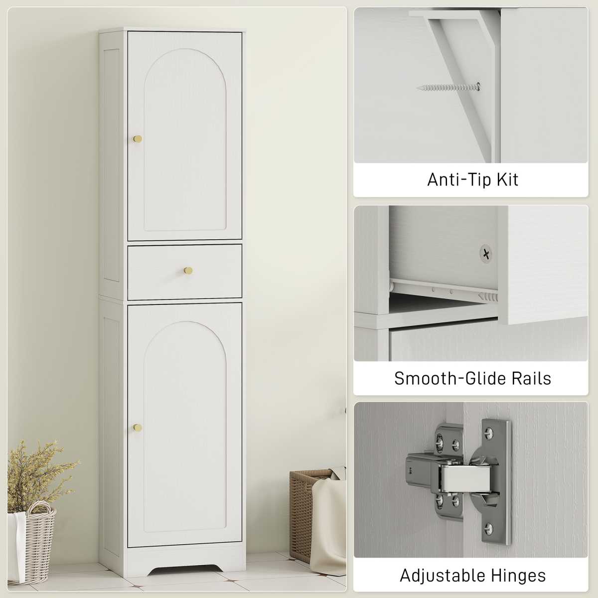 Tall Bathroom Cabinet with Arched Doors, Drawer & Adjustable Shelf – Slim Freestanding Storage Unit, White