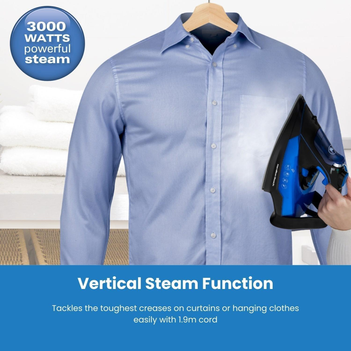 Hamilton Beach 3000W Pro Steam Max Iron with Ceramic Soleplate & Vertical Steam – Blue and Black