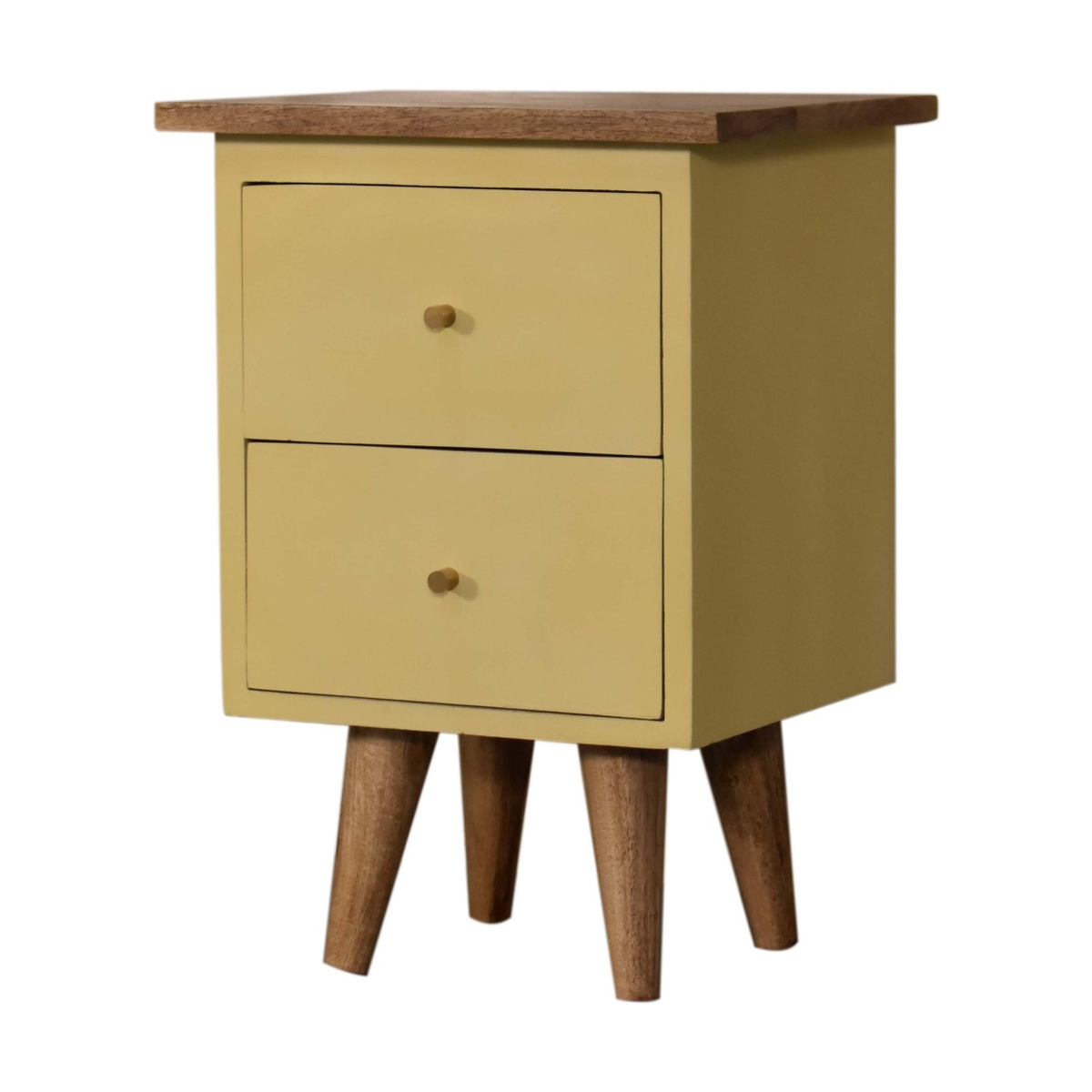 Artisan Furniture Solid Wood Hand Painted Bedside Table with 2 Drawers – Yellow Body, Nordic Legs
