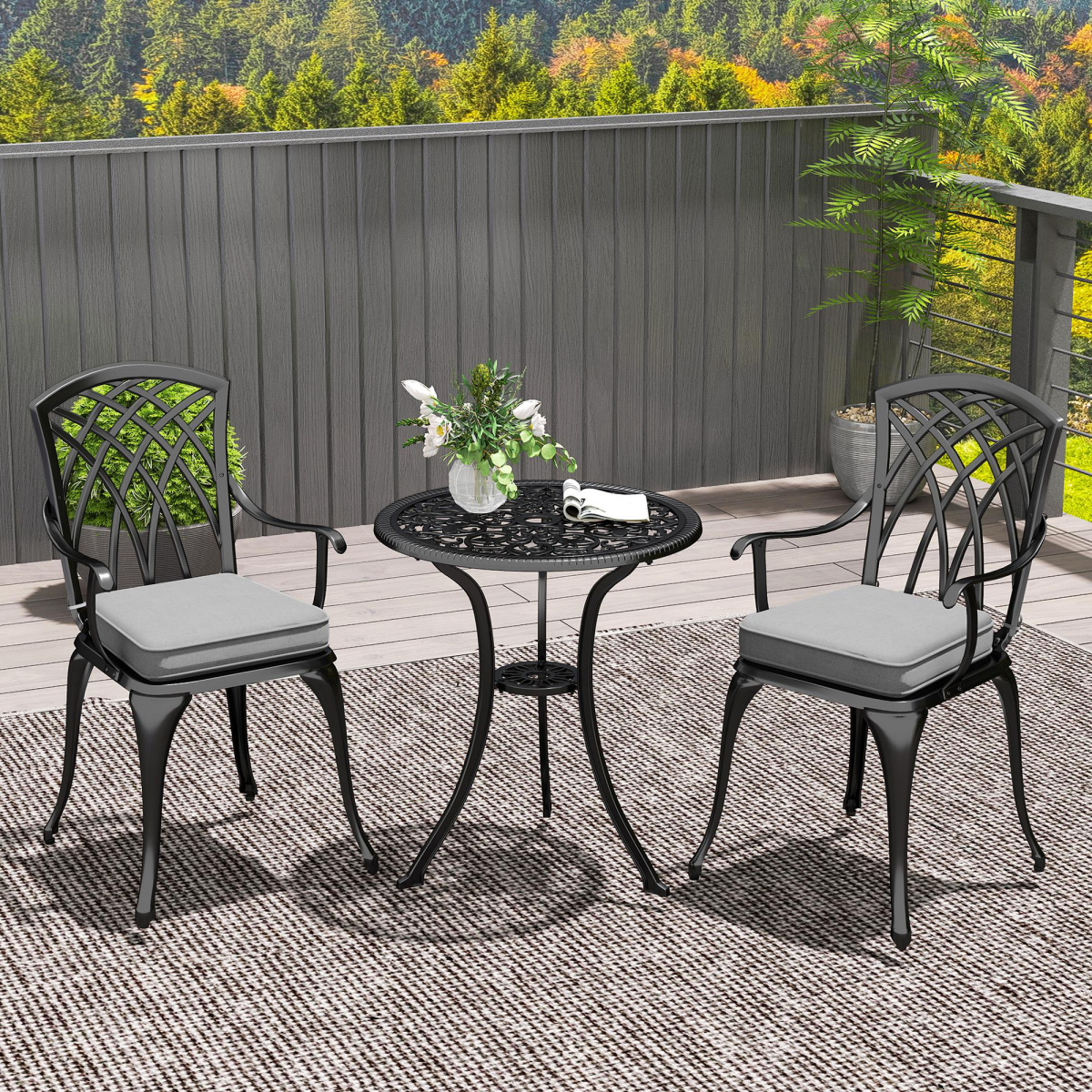 Outsunny 3-Piece Cast Aluminium Bistro Set with Parasol Hole Table & Cushioned Chairs – Garden Patio Furniture, Black