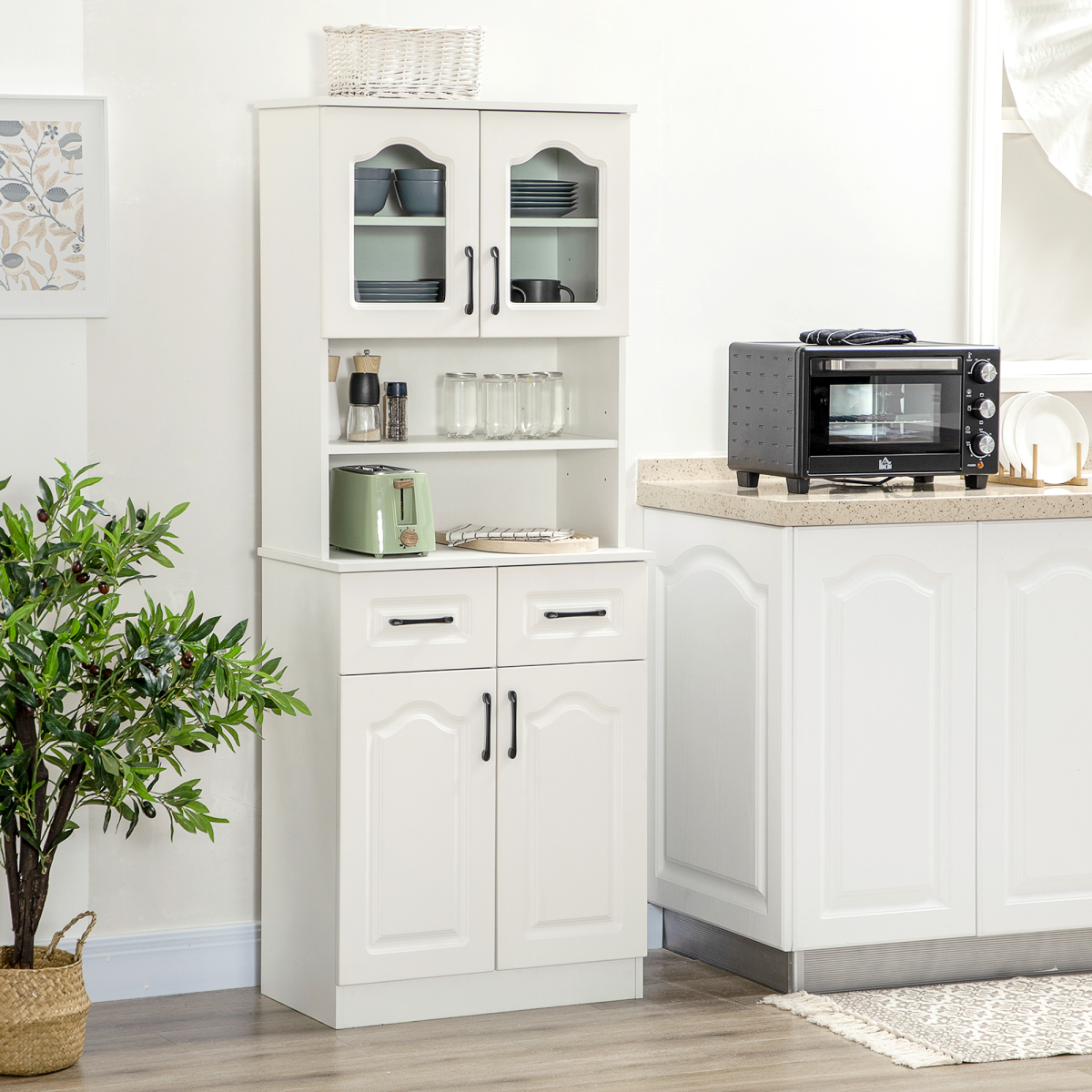 HOMCOM 168cm Kitchen Storage Cabinet with Glass Doors, Two Shelves & Drawers, Open Counter – Anti-Tipping, White