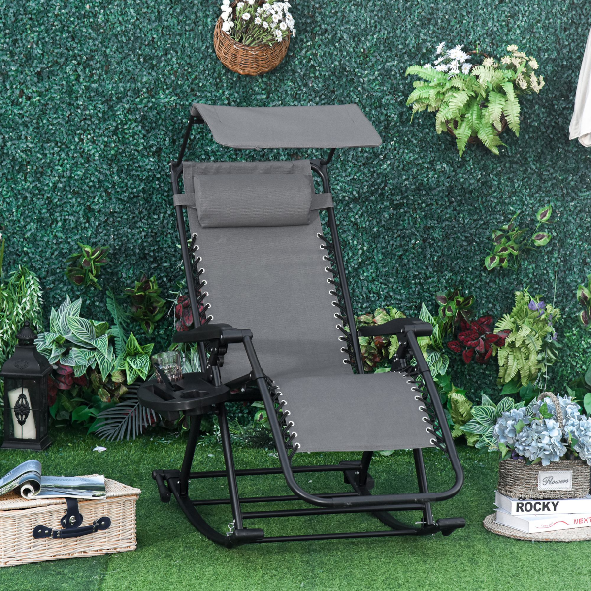 Folding Zero-Gravity Recliner Rocker with Canopy, Padded Headrest and Side Tray – Outdoor Lounge Chair, Grey